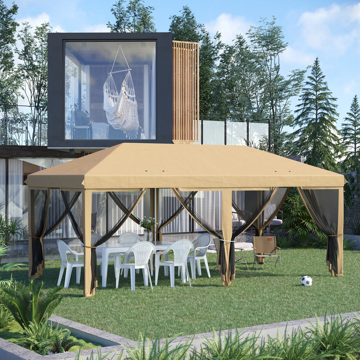 Outsunny 6 x 3m Pop Up Party Tent Canopy with 6 Removable Sidewalls Beige