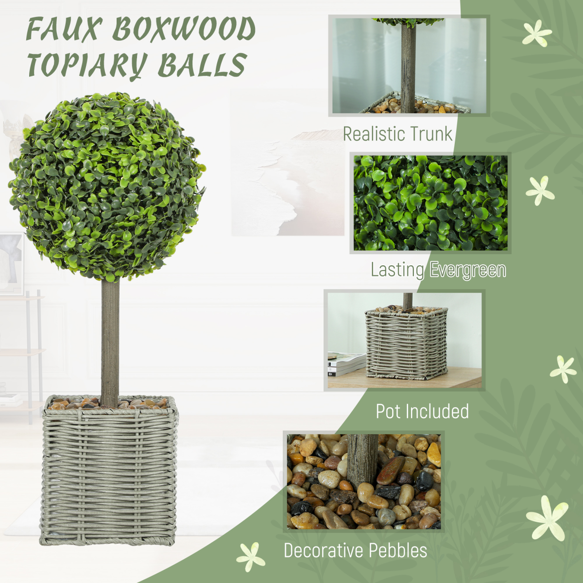 HOMCOM Set of 2 Artificial Plants, 50cm Faux Boxwood Topiary Balls, Green