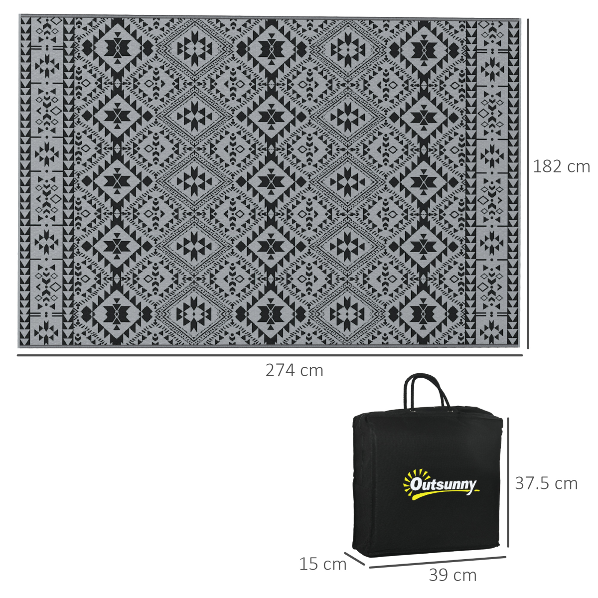 Outsunny Reversible Waterproof Outdoor Rug with Carry Bag, 182 x 274cm, Black