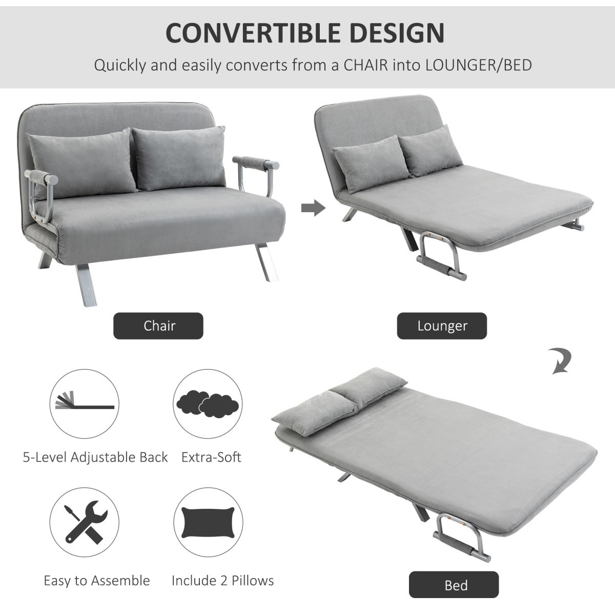 HOMCOM Fabric Convertible 2 Seater Sofa Bed w/ 2 Pillows, Light Grey