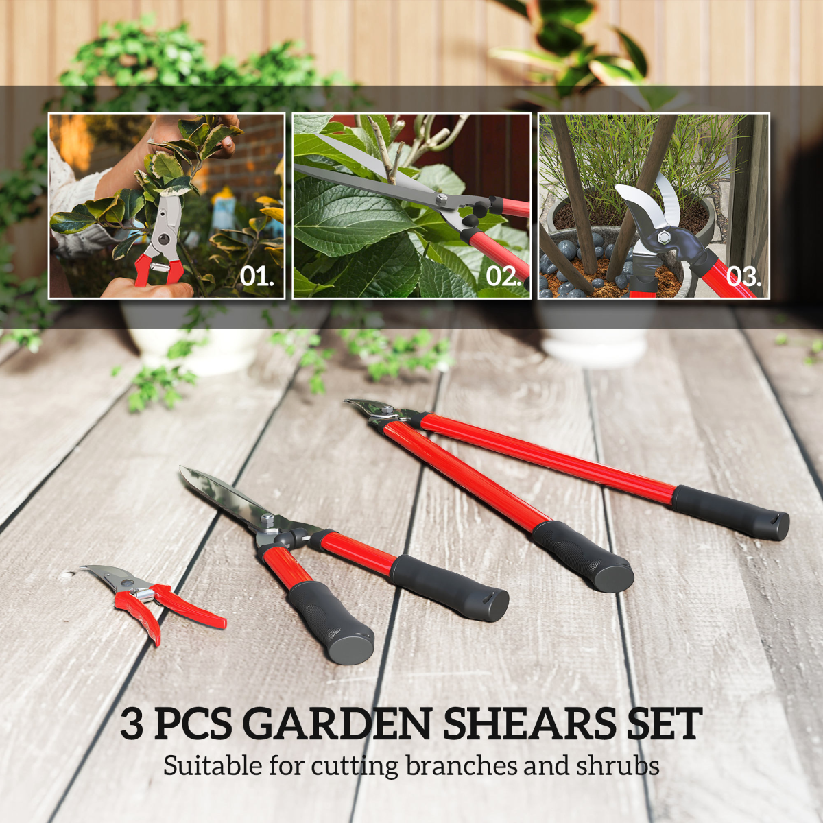 Outsunny 3 PC Garden Shears Set w/ Hedge Shears, Lopper, Garden Secateurs