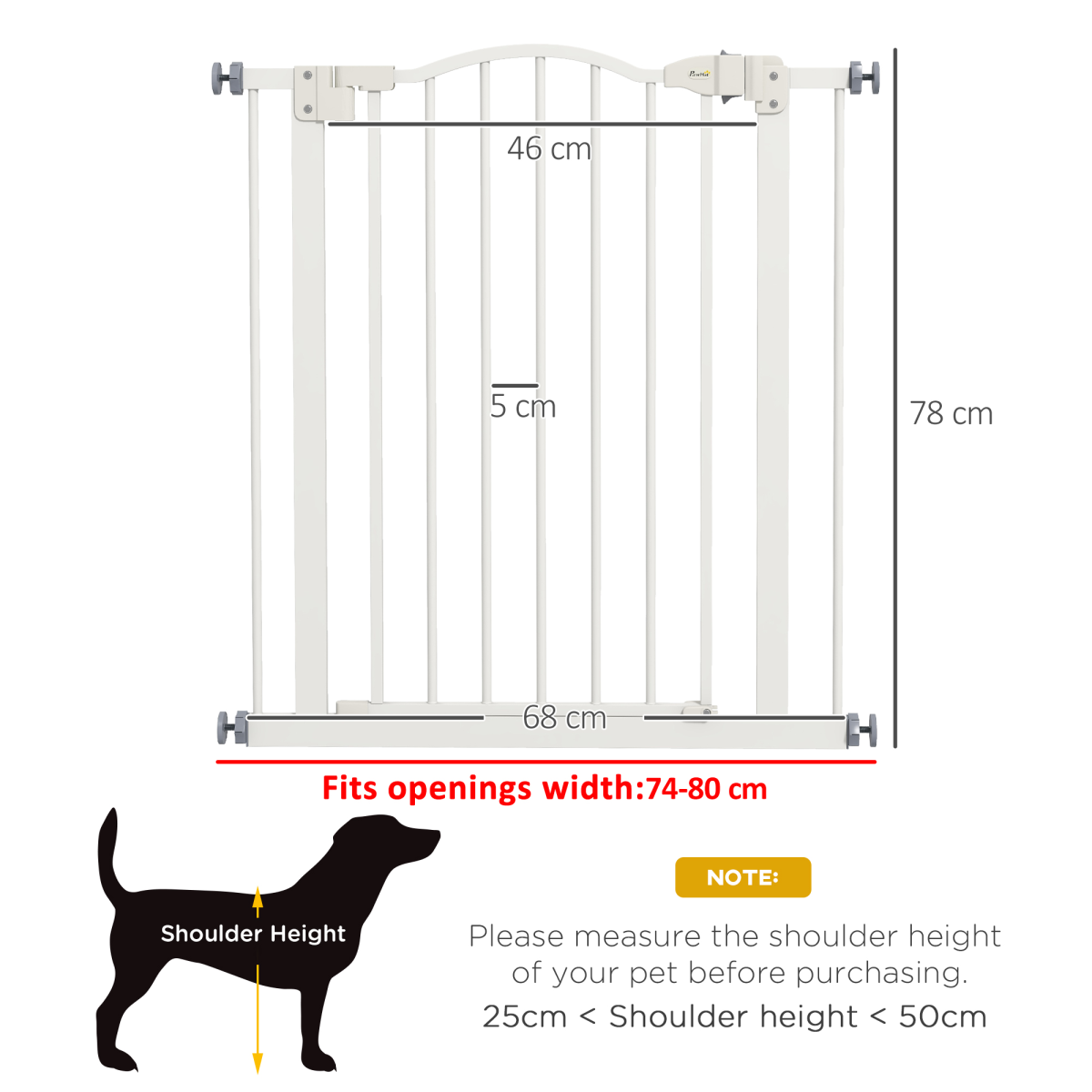 PawHut 74-80cm Adjustable Metal Pet Gate Safety Barrier w/ Auto-Close White