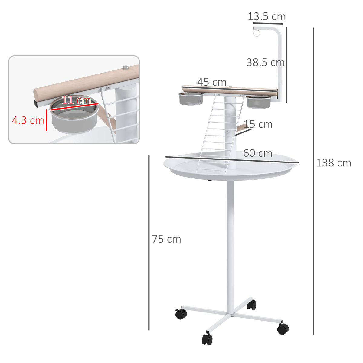 PawHut Bird Table: Elevated, Mobility, Perches, Stainless, Round Tray