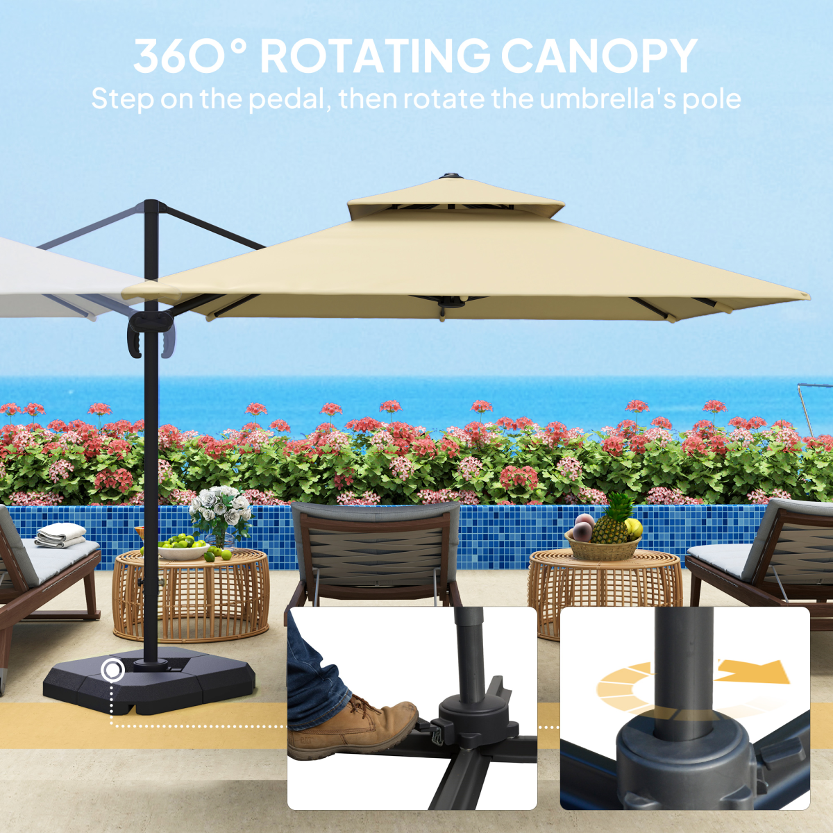 Outsunny 360° Cantilever Parasol Roma Umbrella w/ Base Weights, Khaki