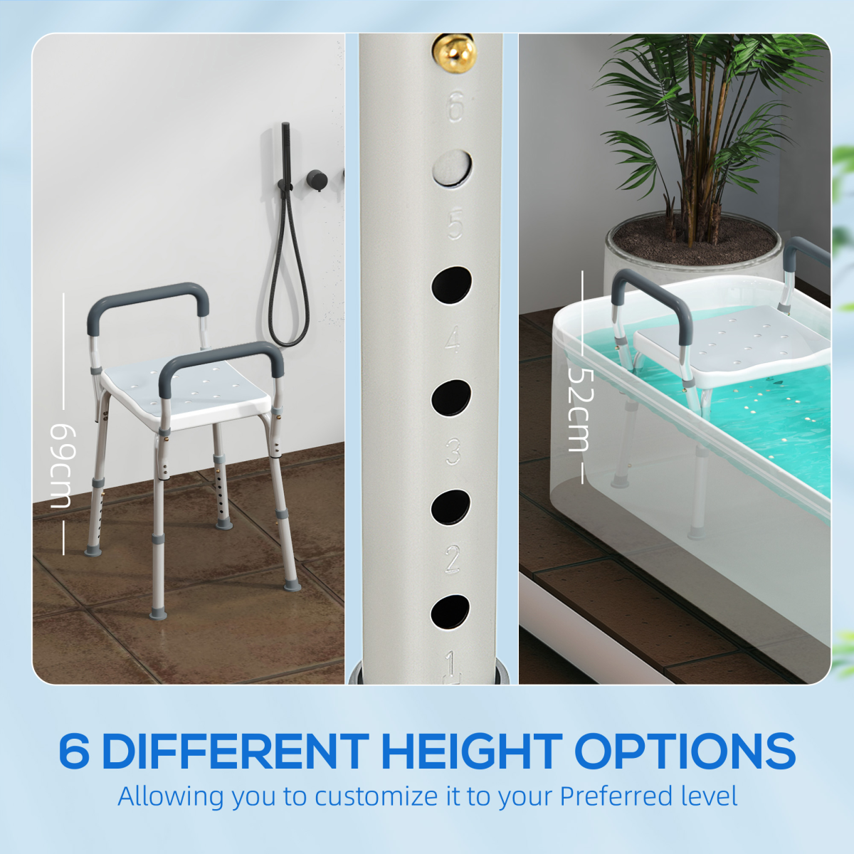 HOMCOM Rust-Free Aluminium Bath Chair with Adjustable Height, Light Blue