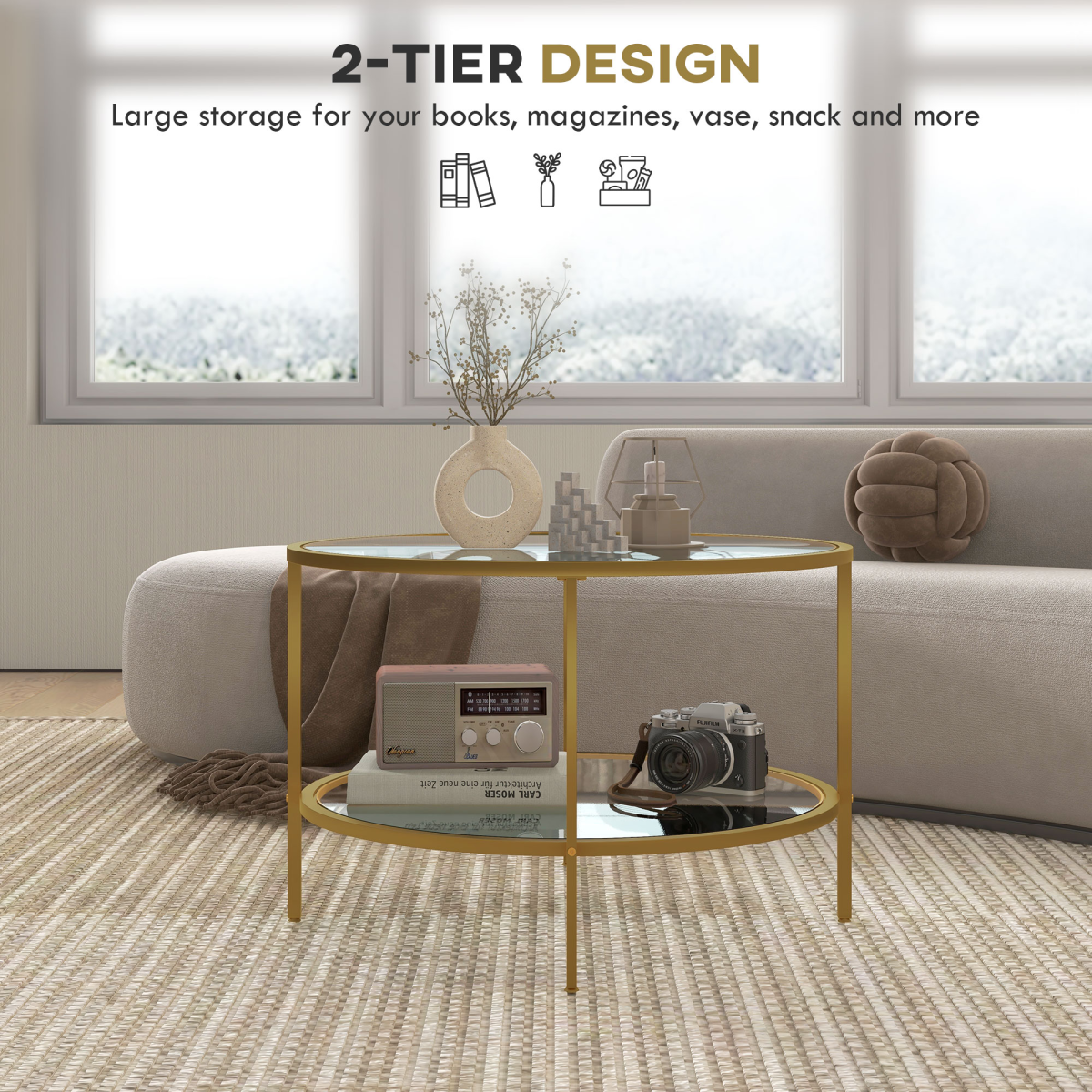 HOMCOM Round Coffee Table with Storage Shelf and Tempered Glass Top, Gold