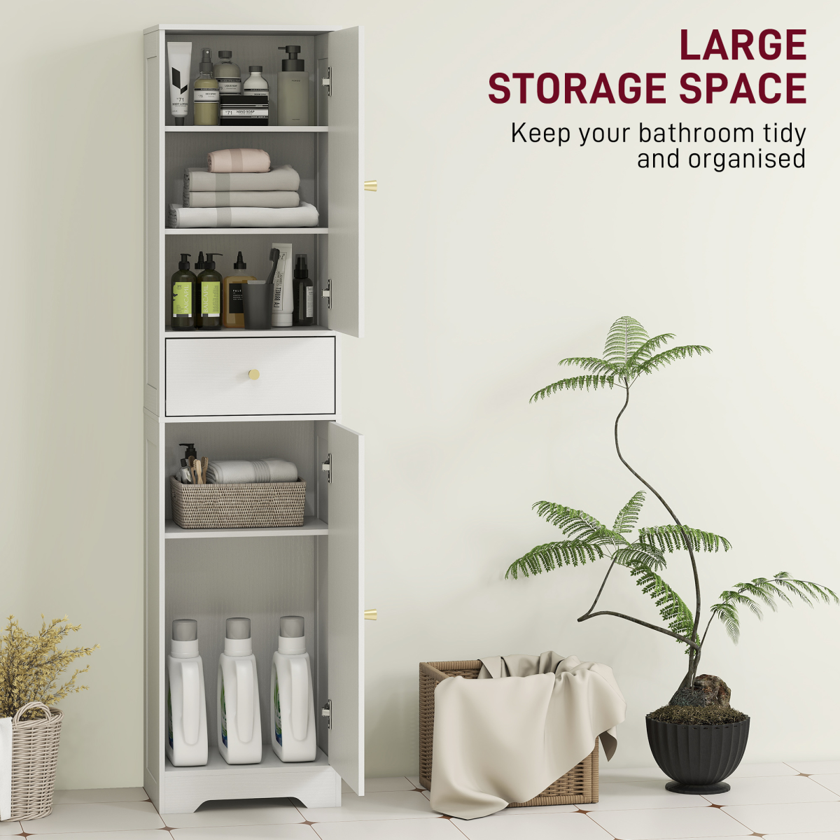 HOMCOM Tall Bathroom Storage Cabinet with Arch Doors Adjustable Shelf White