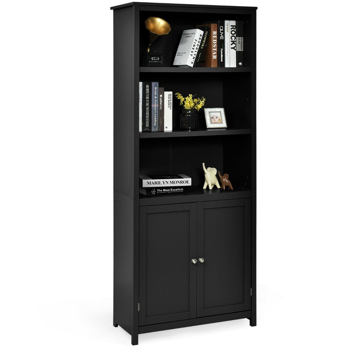 Wooden Tall Bookcase with 3-Tier Storage Cabinet-Grey