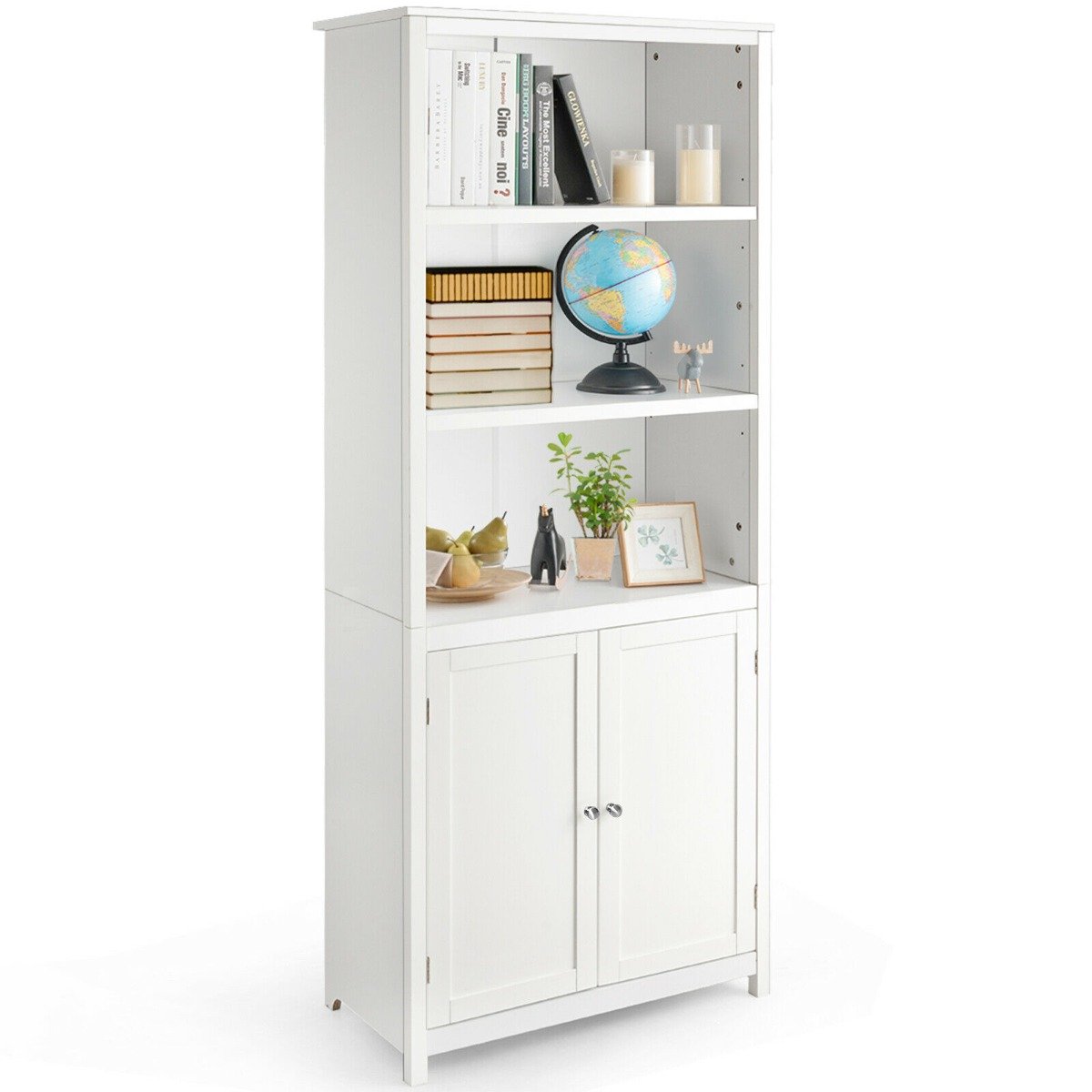 Wooden Tall Bookcase with 3-Tier Storage Cabinet-Grey