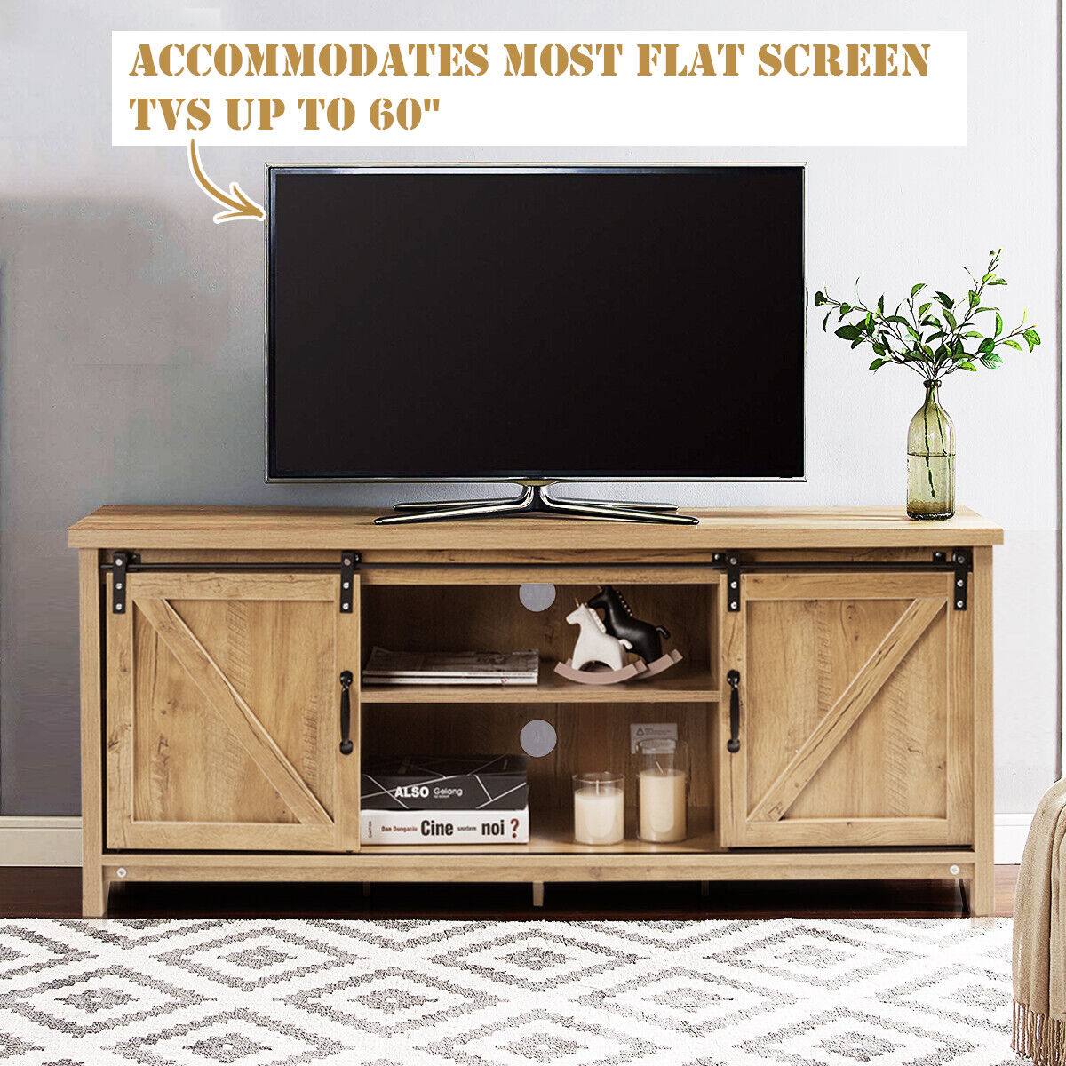 Modern TV Cabinet for 60-Inch TV Wooden Media Storage Shelves-Grey