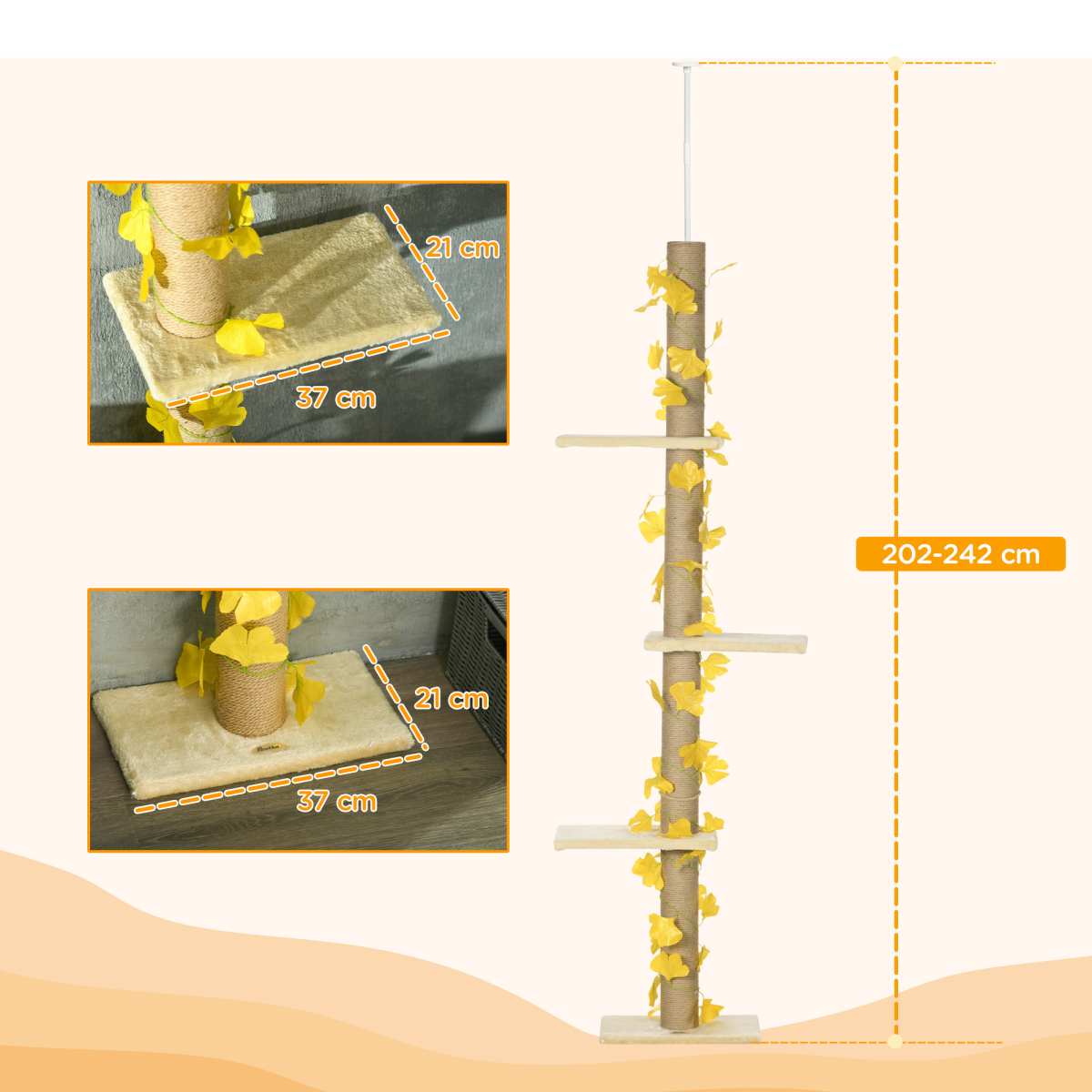 242cm Adjustable Floor-To-Ceiling Cat Tree w/ Anti-Slip Kit - Yellow
