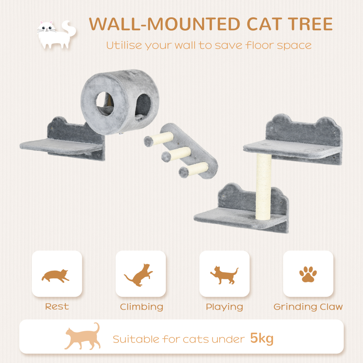 PawHut Cat Wall Furniture with Platforms, Steps, Perch, Cat House - Grey
