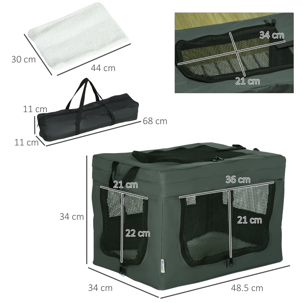 48.5cm Foldable Pet Carrier, Cat Bag w/ Cushion, for Miniature Dogs - Grey