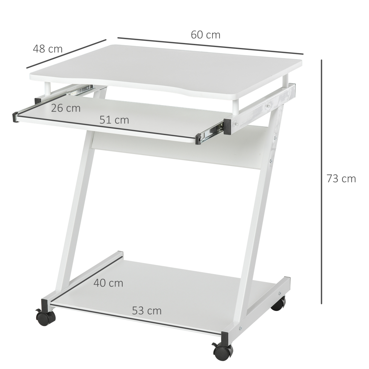 HOMCOM Movable Computer Desk with 4 Moving Wheels Sliding Keyboard Tray White