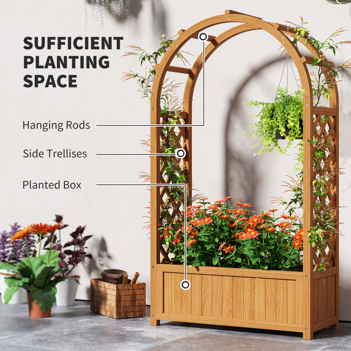 Outsunny Wooden Raised Garden Bed, Trellis Planter w/ Trellis, Fabric Liner