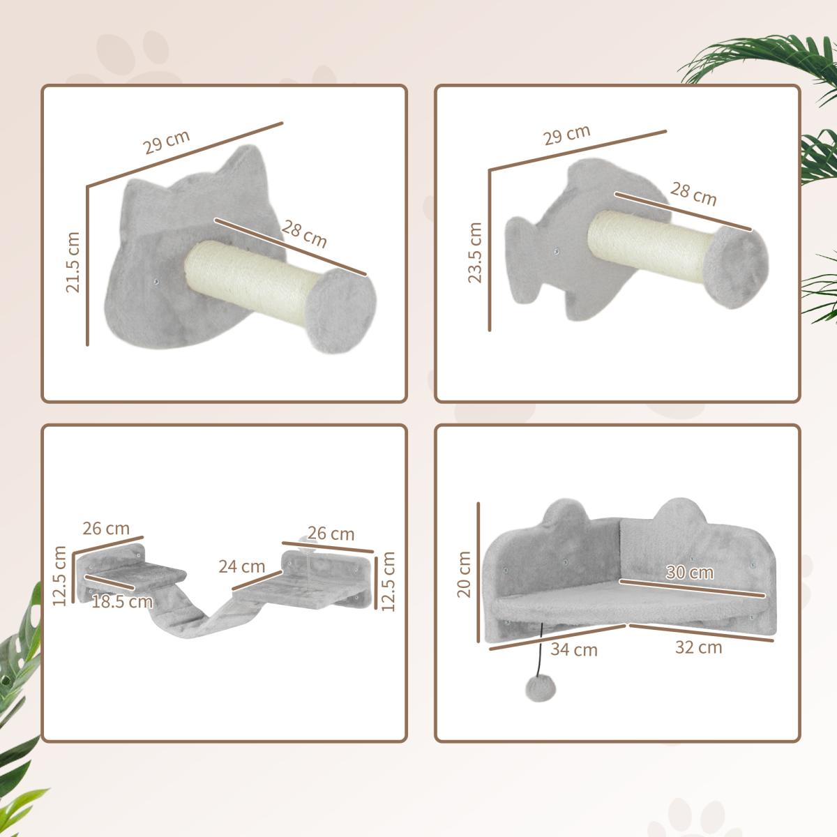 PawHut 4PCs Cat Wall Shelves with Steps, Ladder, Jumping Platforms
