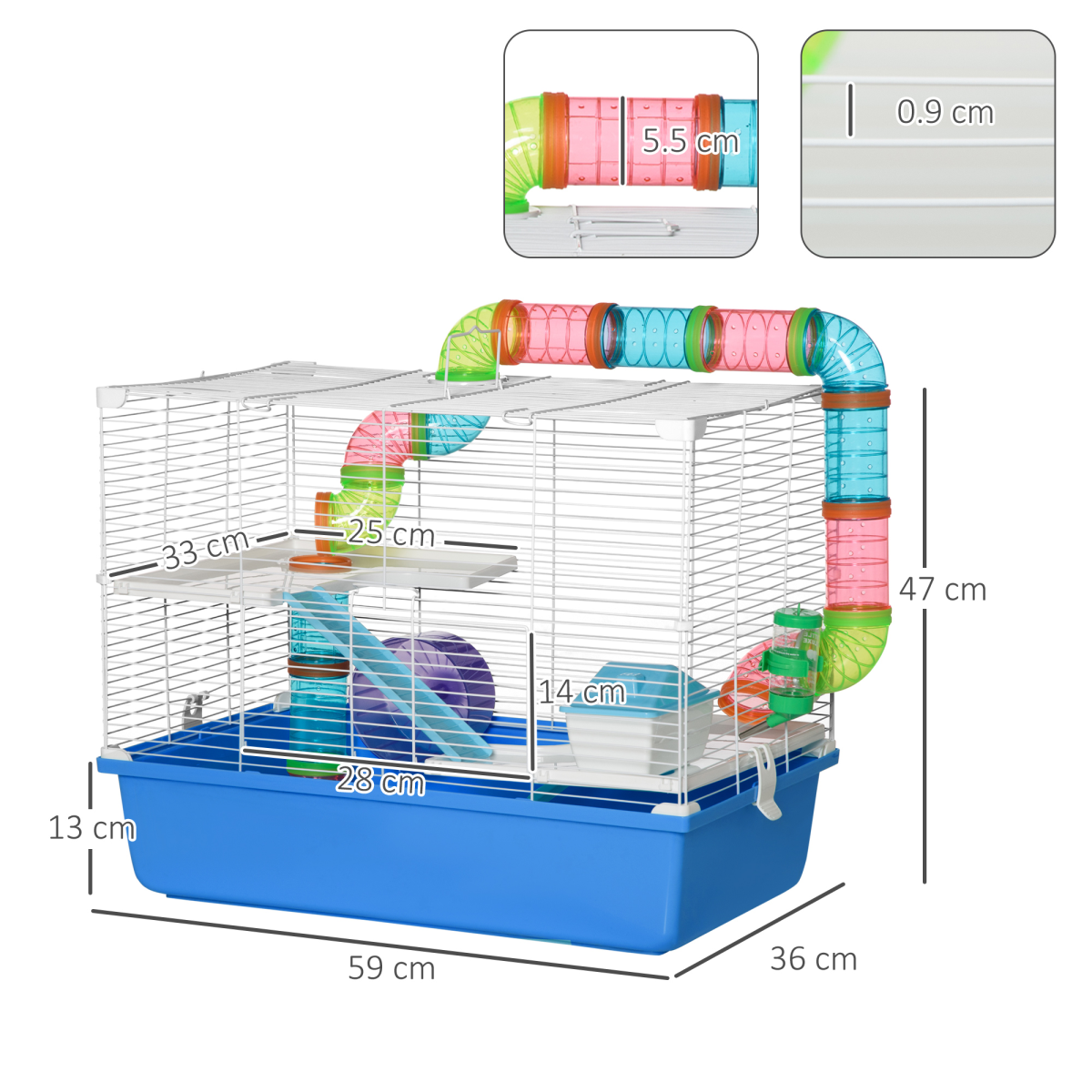 Hamster Cage Rodents House w/ Tubes Exercise Wheel, Water Bottle -  Blue