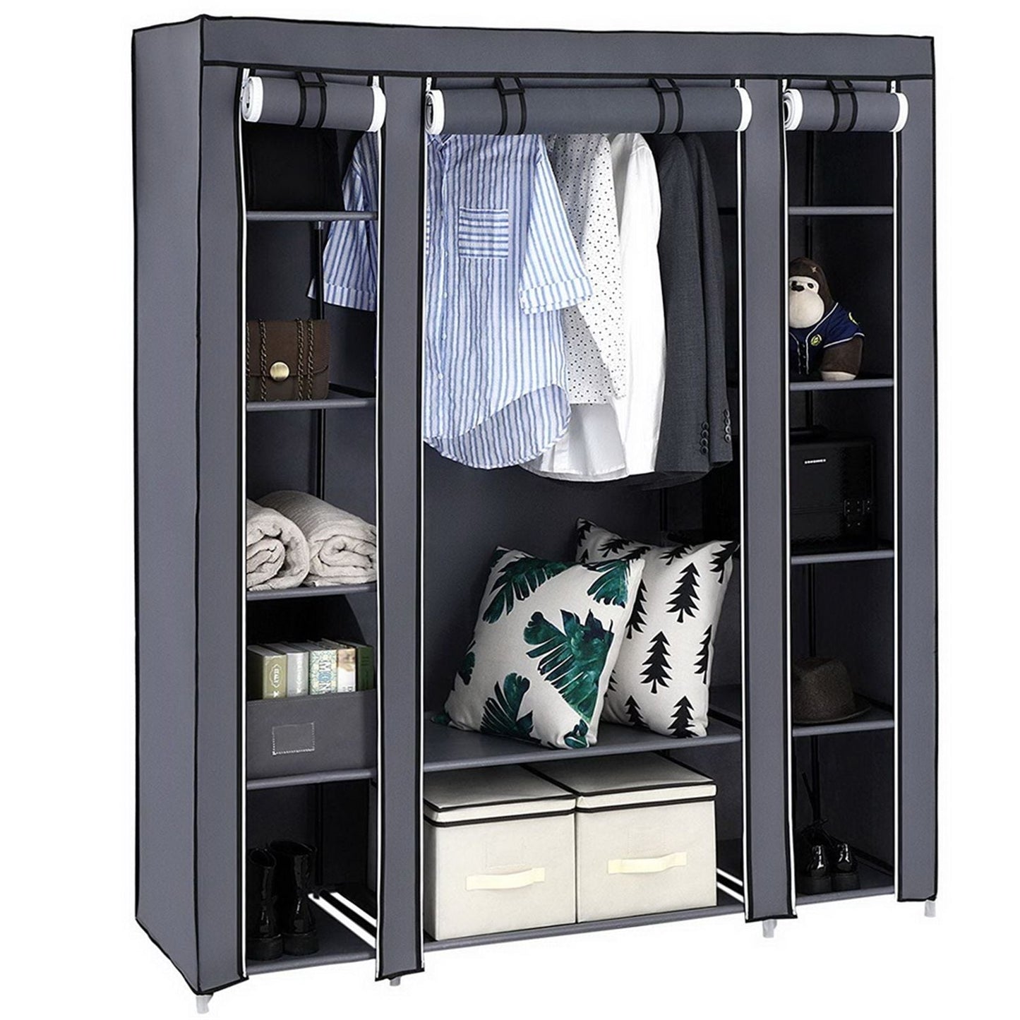 69" Portable Clothes Closet Wardrobe Storage Organizer with Non-Woven Fabric Quick and Easy to Assemble Extra Strong and Durable Gray