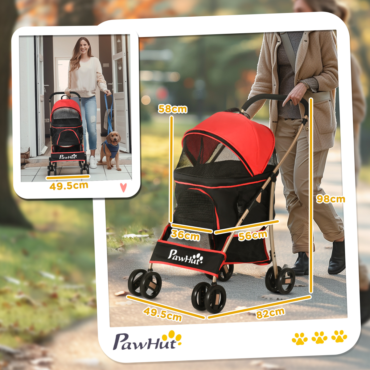 PawHut 3 In 1 Pet Stroller, Detachable Dog Cat Travel Carriage - Red