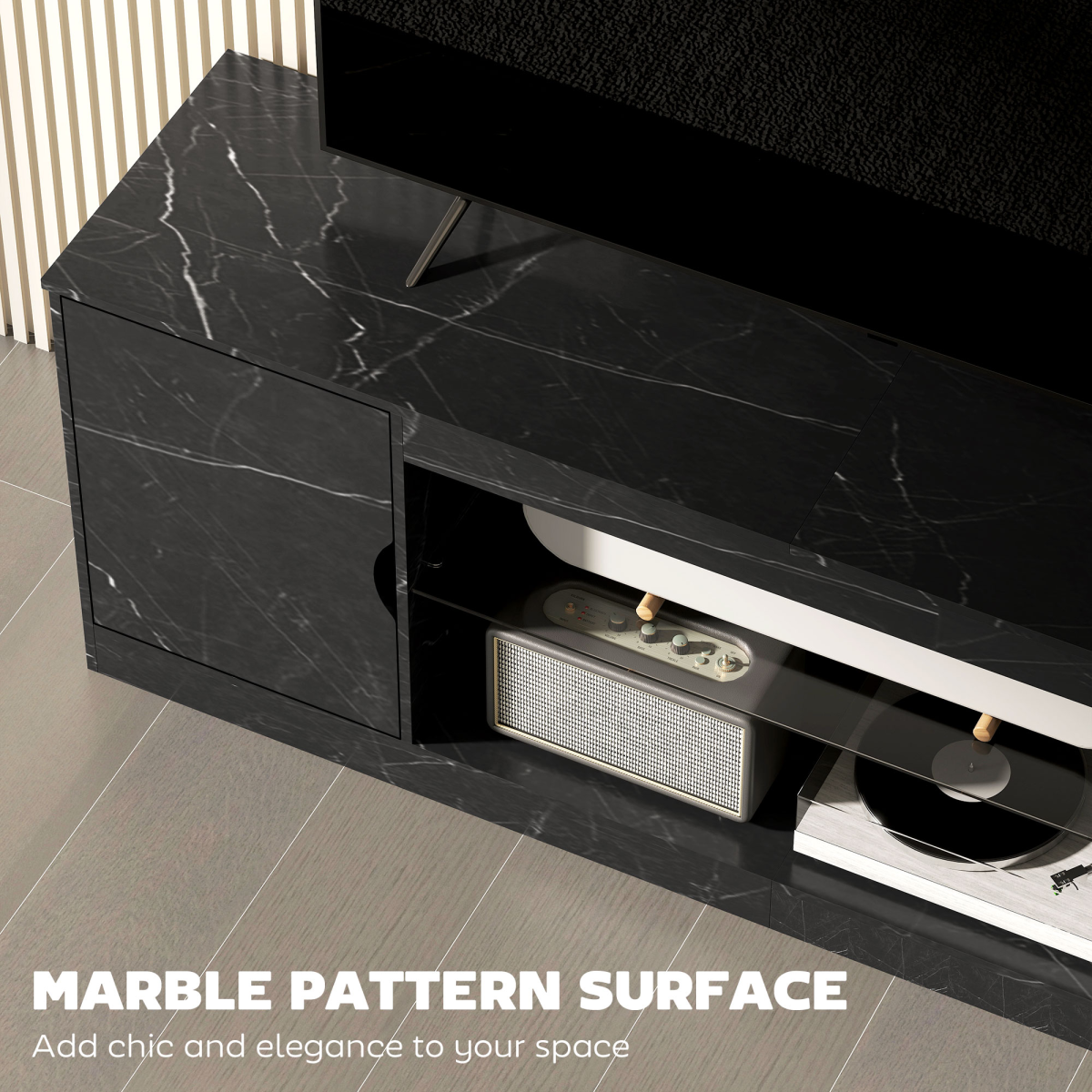 HOMCOM Marble Effect TV Stand Cabinet with Glass Shelf for 55 Inch TVs