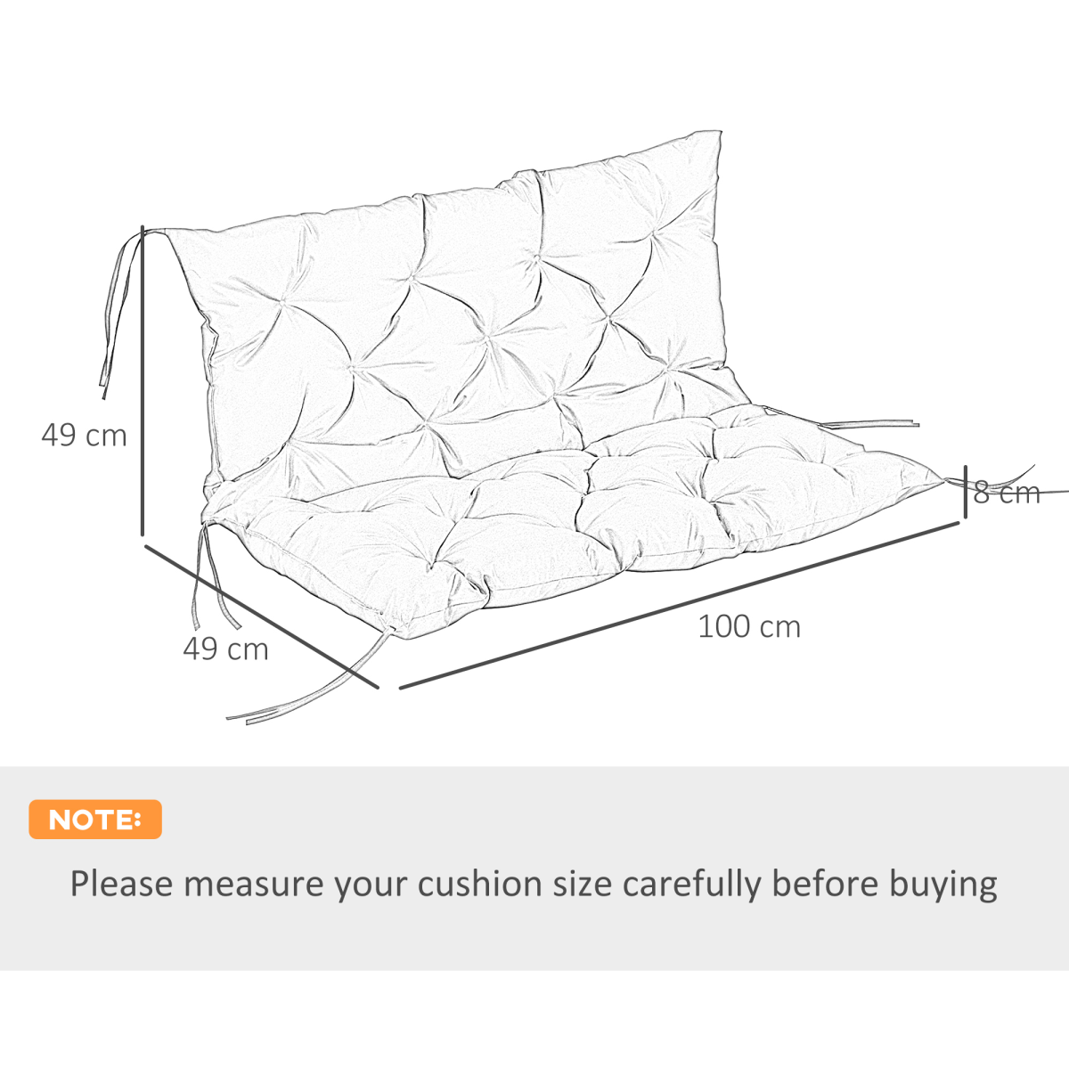 2 Seater Garden Bench Cushion Outdoor Seat Pad with Ties Black