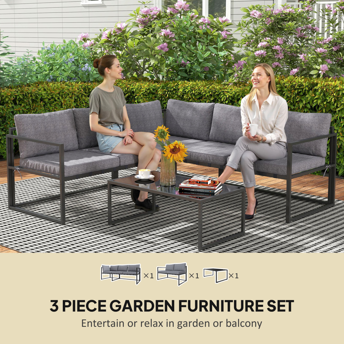 Outsunny 3 Piece L Shaped Garden Furniture Set with Cushions, Grey