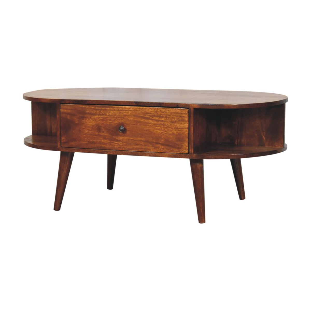 Artisan Furniture Solid Wood Chestnut Oval Coffee Table, 1 Drawer and 2 Open Slots, Dark Brown