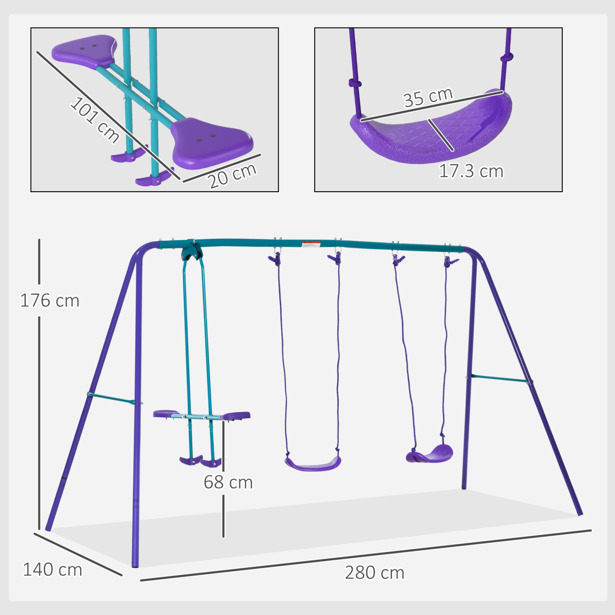 Outsunny Metal 2 Swings & Seesaw Set Height Adjustable Outdoor Play Set, Green
