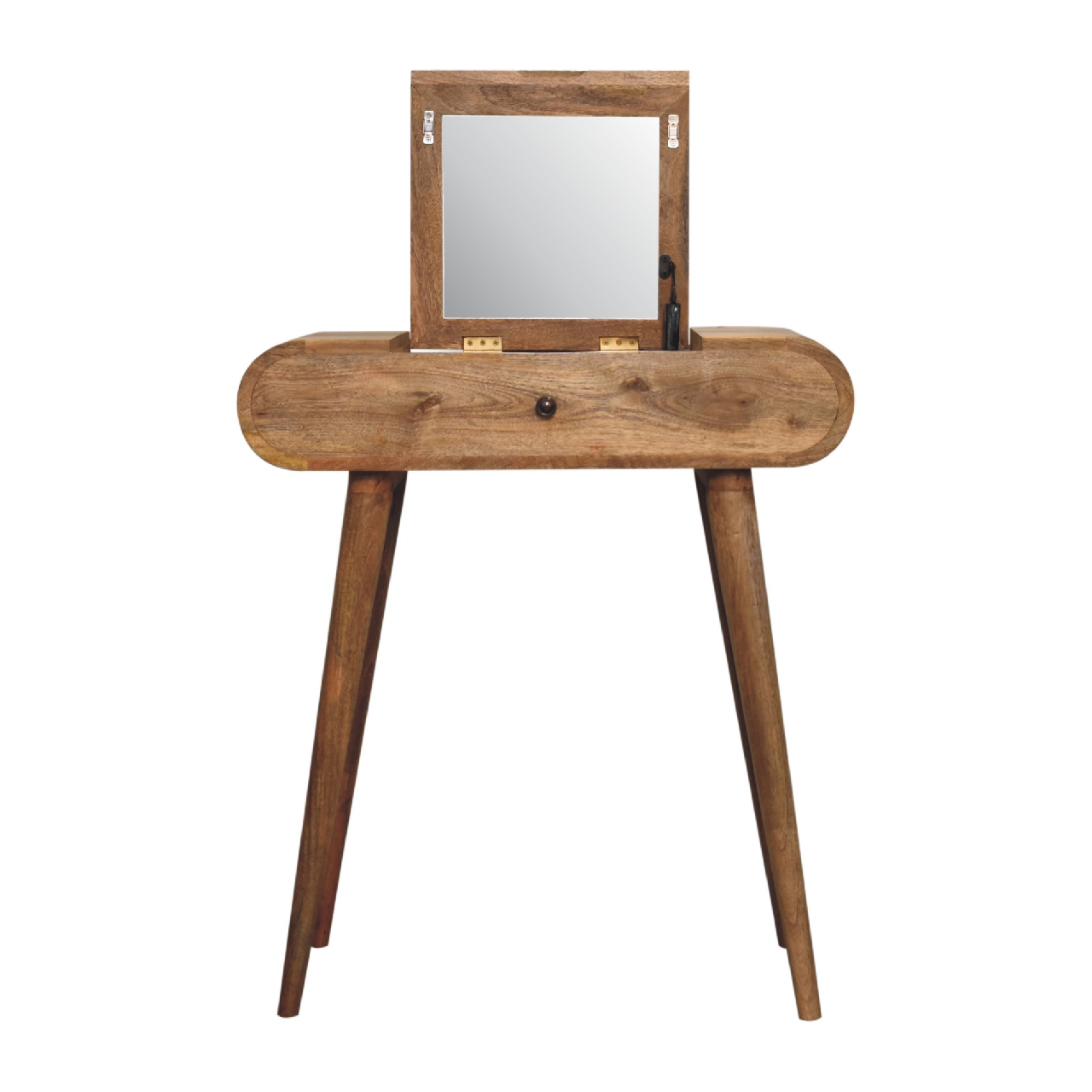 Artisan Furniture Solid Wood Mini Oak-ish Round Dressing Table, 4 Storage Compartments with mirror, Brown