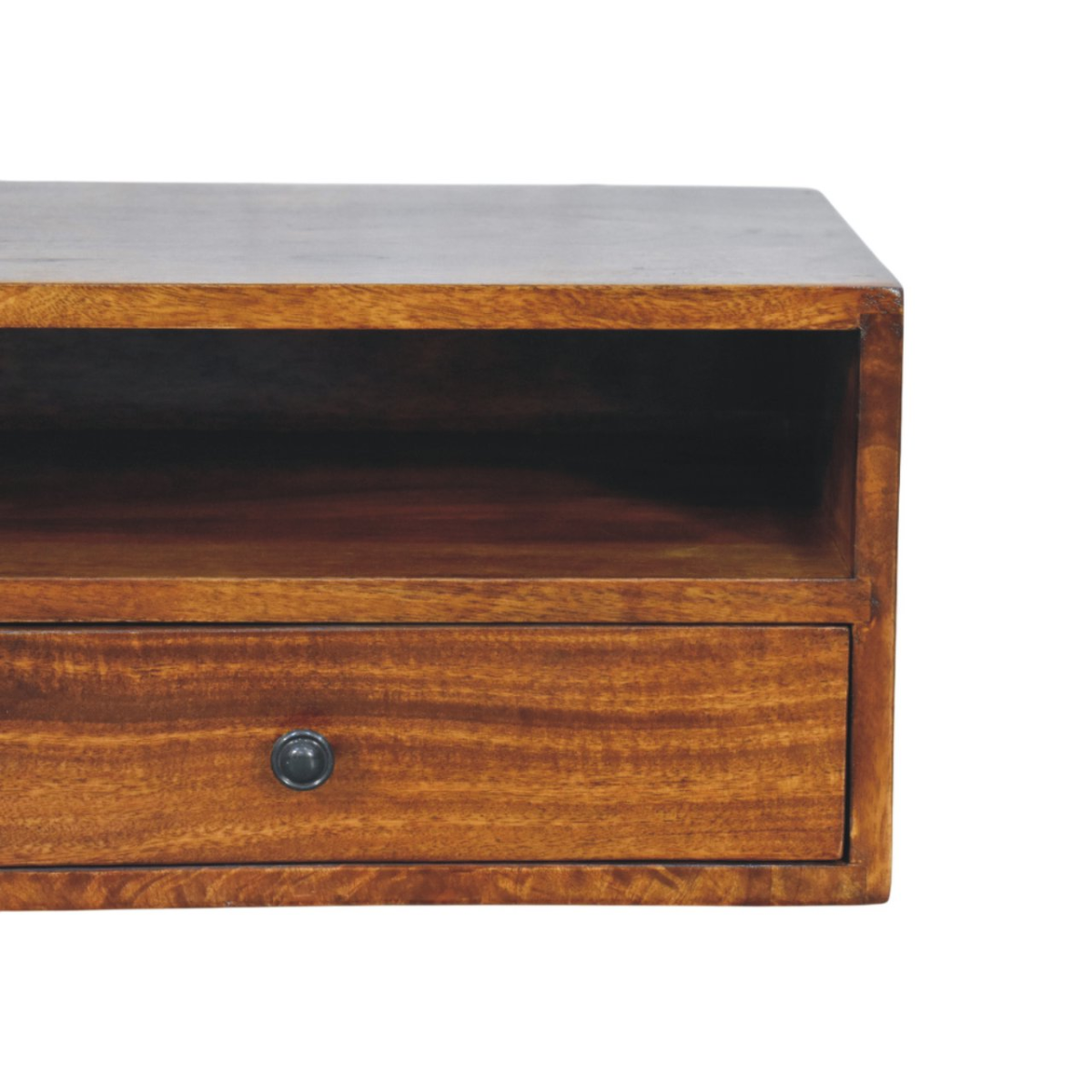 Artisan Furniture Solid Wood Lunar Chestnut Wall Mounted Media Unit, 2 Drawers and Open Shelf, Dark Brown