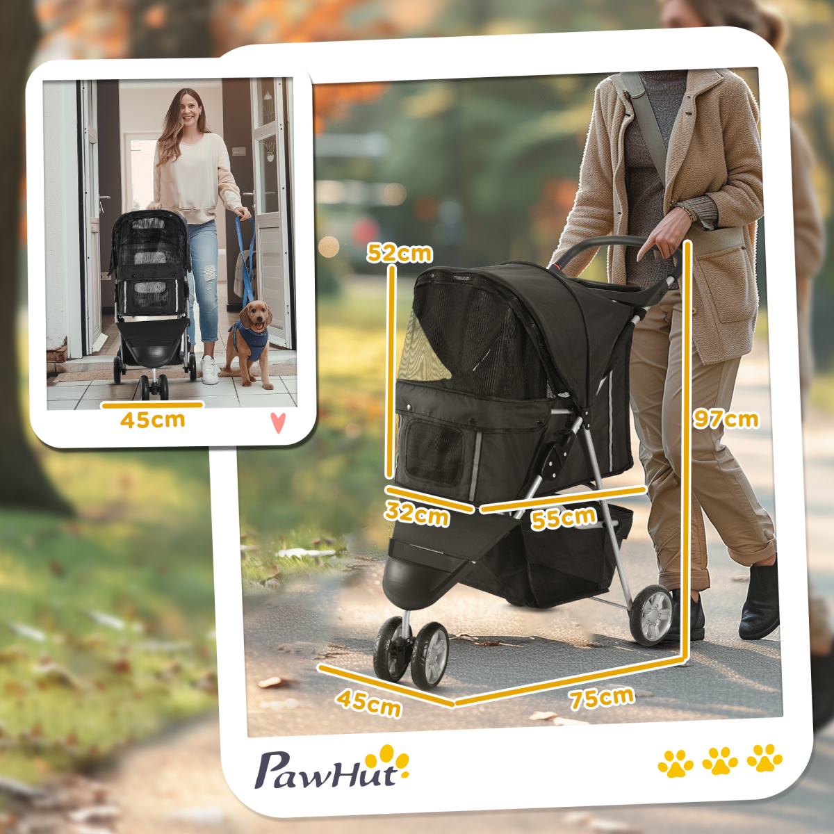 Pet Stroller Pushchair Carrier for Cat Puppy with 3 Wheels Black