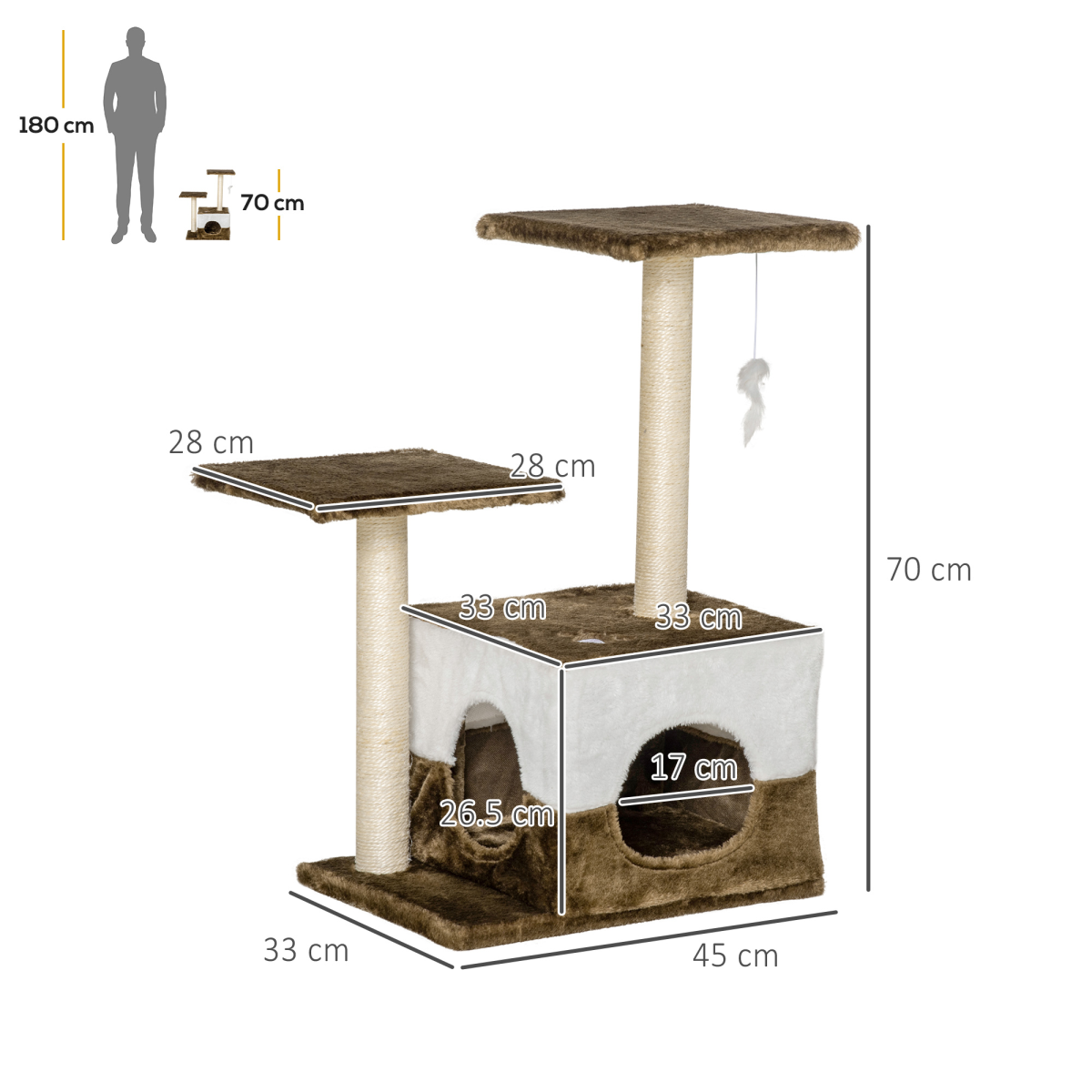 Cat Tree w/ Sisal Scratching Posts, House, Perches, Toy Mouse - Brown Pawhut