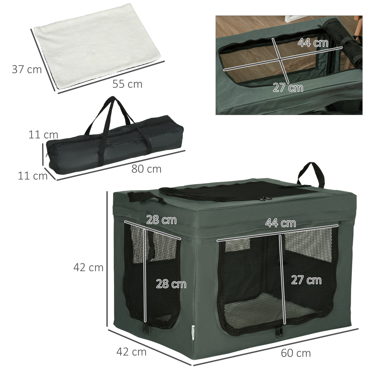 60cm Foldable Pet Carrier Cat Bag w/ Cushion for Cats and Miniature Dogs - Grey
