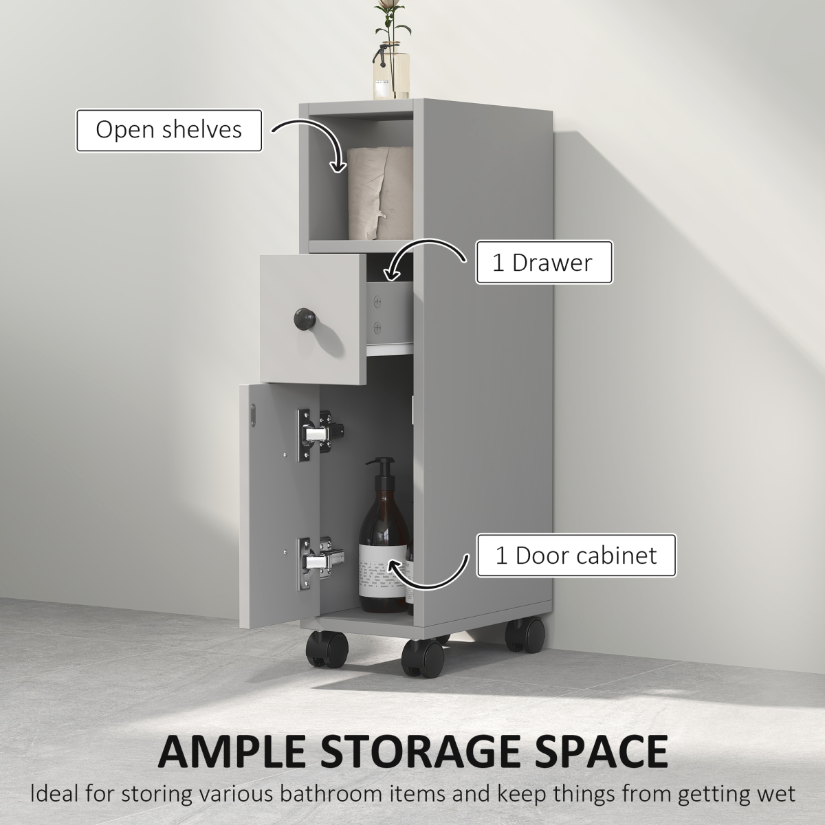 kleankin Slim Bathroom Storage with 2 Drawers, 2 Open and Wheels, Grey