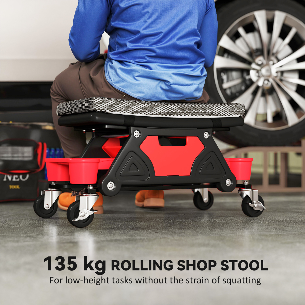 HOMCOM Rolling Mechanic Stool, 135kg Capacity Workshop Stool, Black