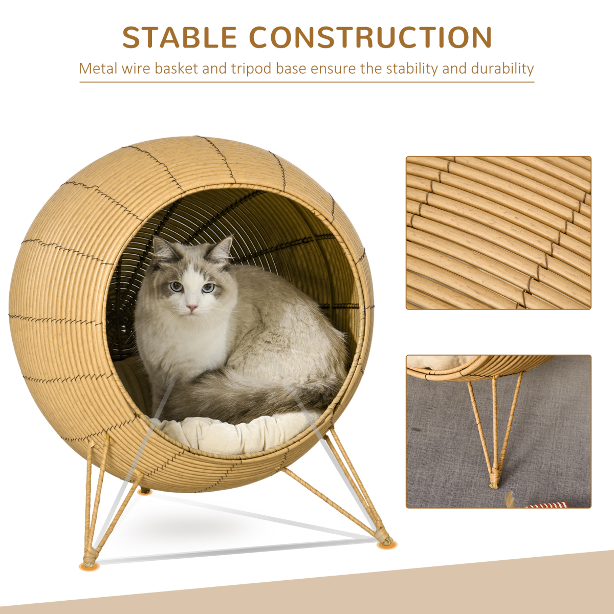 PawHut Wicker Cat Bed Elevated Rattan Kitten Basket Cozy Cave w/ Soft Cushion