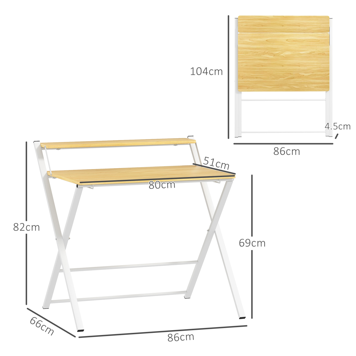 HOMCOM Folding Desk with 2-Tier Shelf for Home Office, Maple Wood-effect