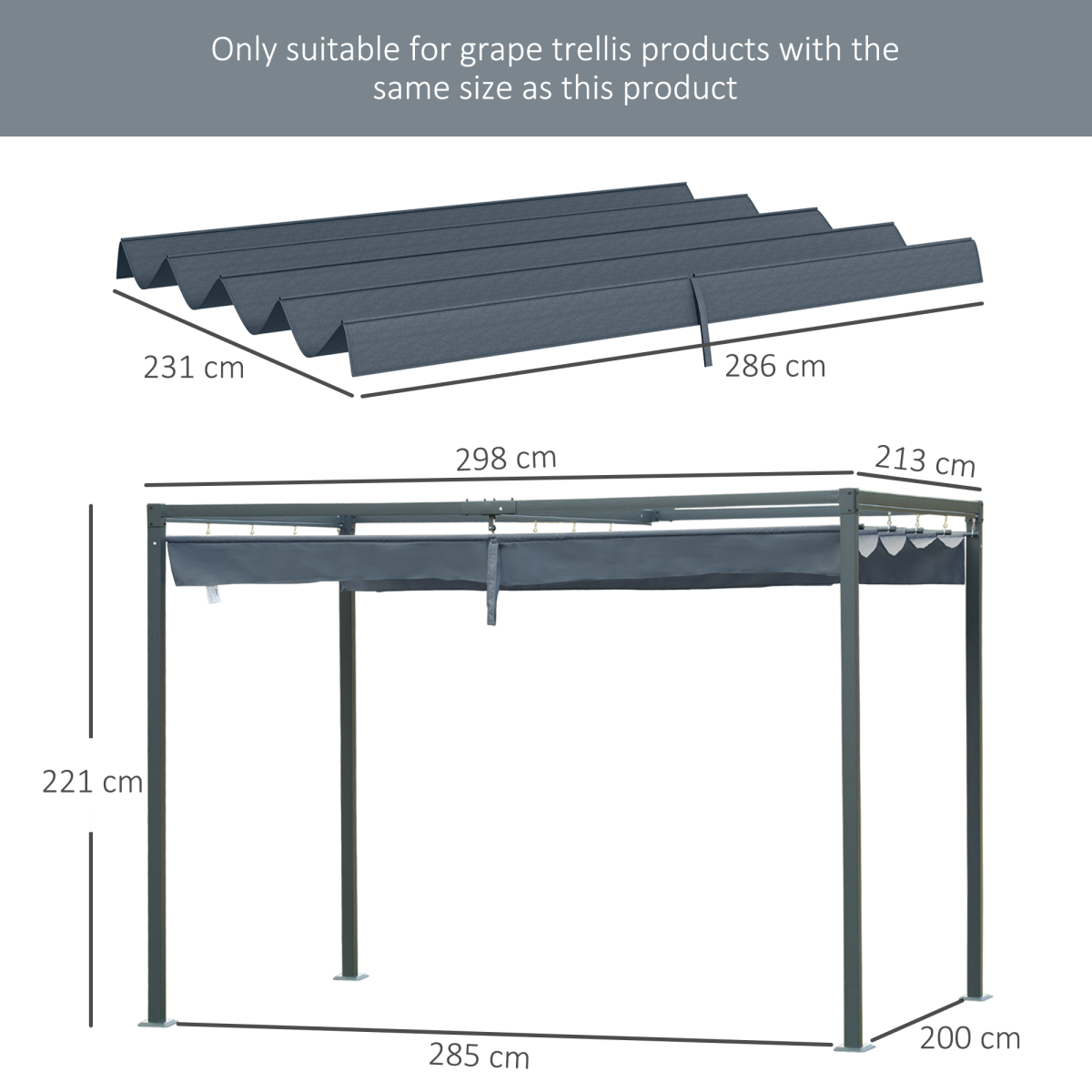 Outsunny Pergola Sun Shade Cover Roof Replacement for 3 x 2.15m Pergola, Grey