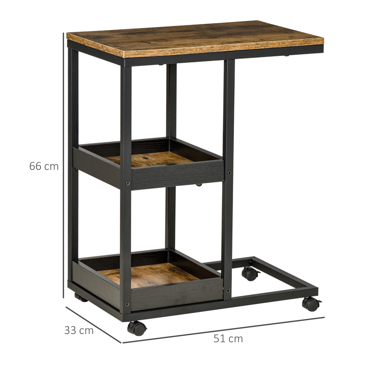 C-Shaped Mobile Couch Bed Side Table w/ 3-tier Storage Shelf - Brown HOMCOM