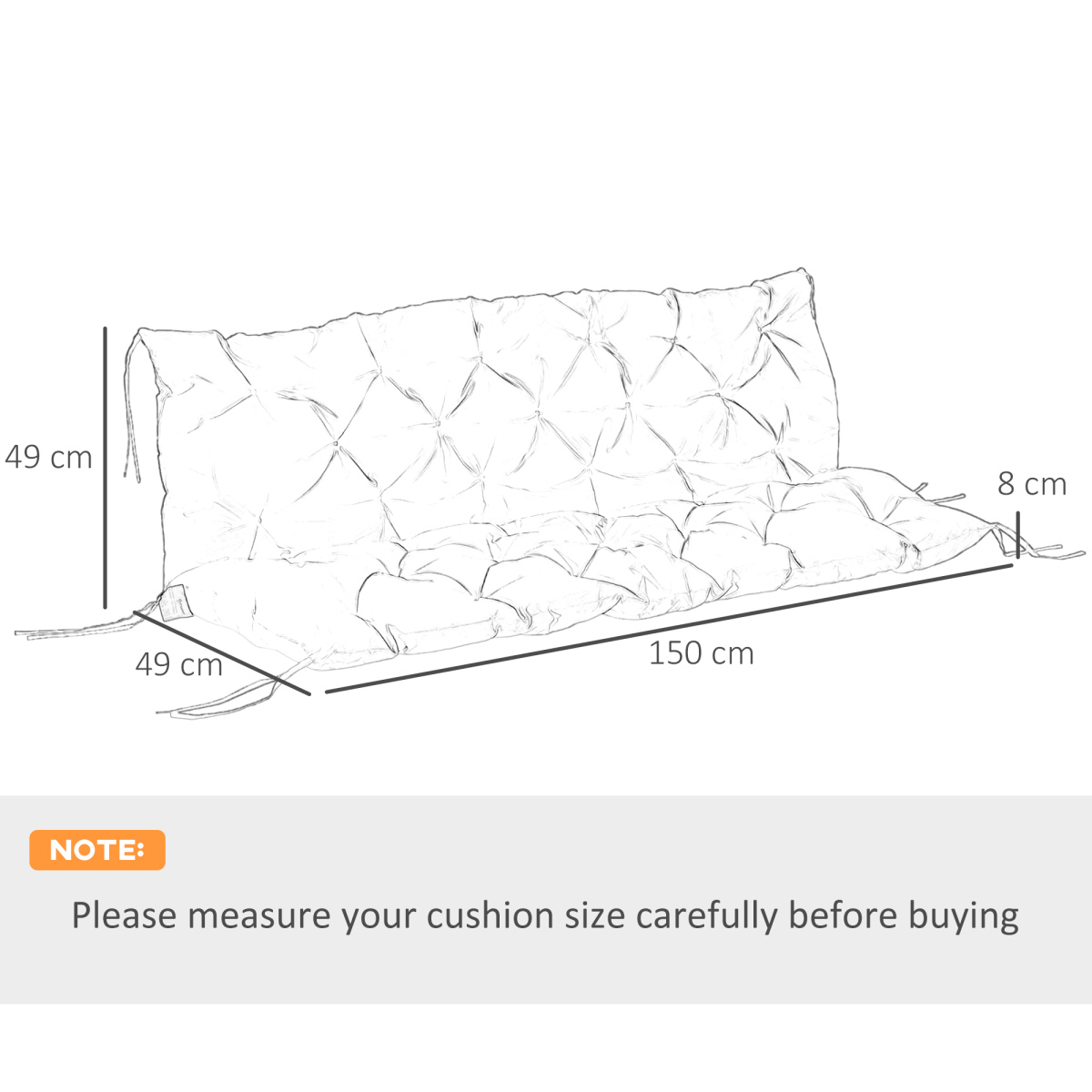 3 Seater Garden Bench Cushion Outdoor Seat Pad with Ties Black