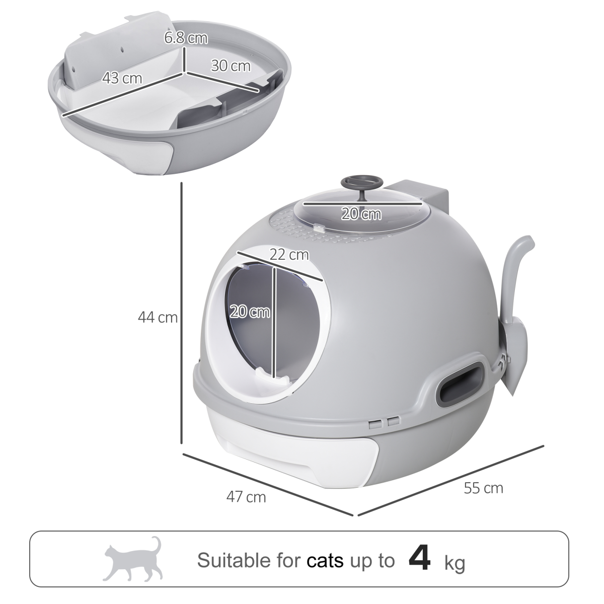 Cat Litter Box Pet Toilet With Litter Scoop Enclosed Drawer Skylight Grey