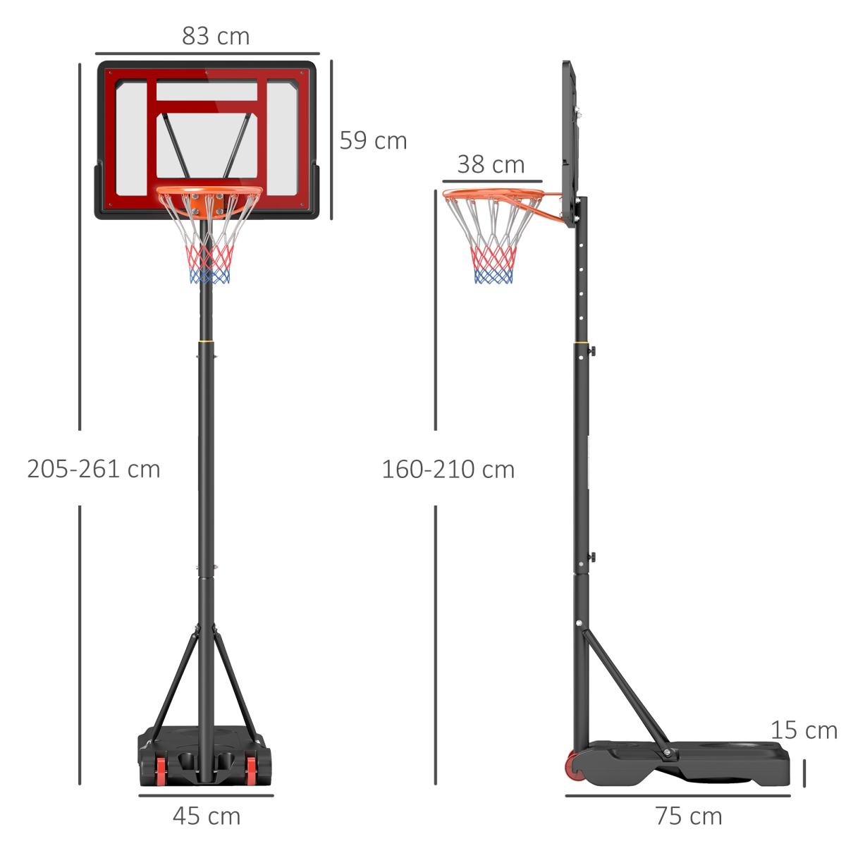 Portable Basketball Stand 160-210cm Adjustable Height Sturdy Rim Hoop Base Net