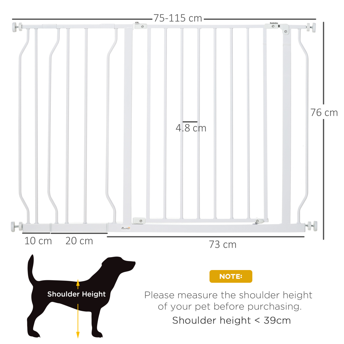 PawHut Dog Gate Wide Stair Gate w/ Door Pressure Fit, 75-115W cm, White