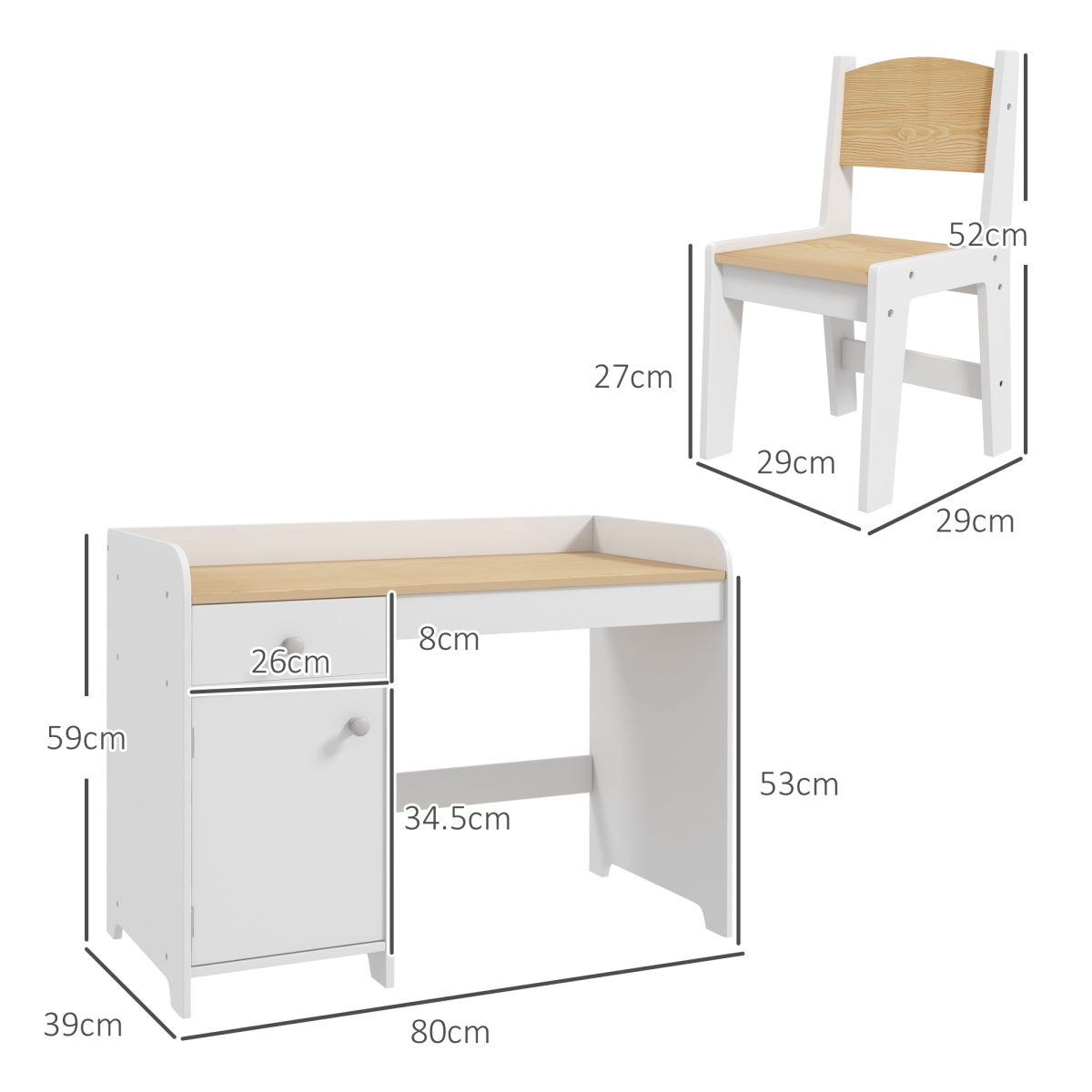 ZONEKIZ Kids Desk and Chair Set for 3-6 Year Old with Storage Drawer, White