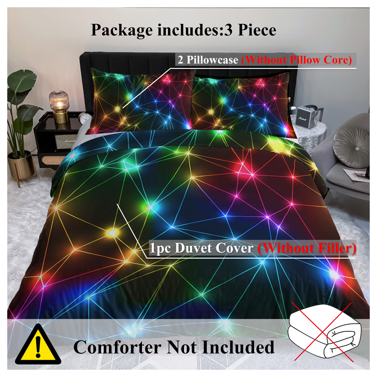 Triangle Retro Neon Duvet Cover Sets Glowing Sparkling Rainbow Laser Pattern 3 Piece Boy Bedding Sets (Single)