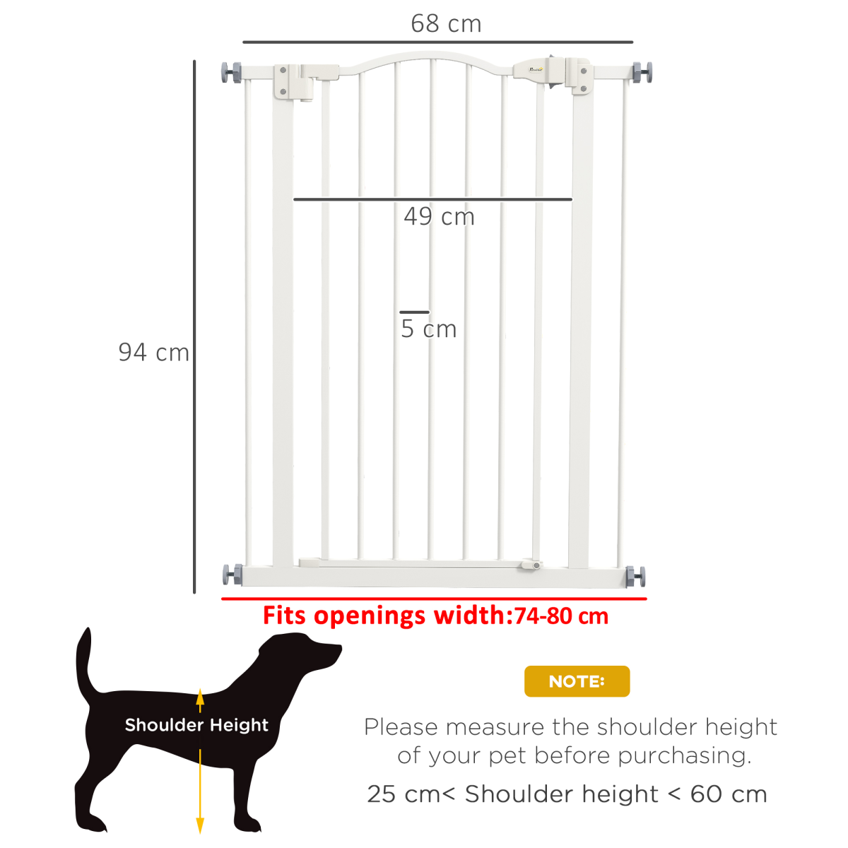 PawHut 74-80cm Adjustable Metal Pet Gate Safety Barrier w/ Auto-Close Door White