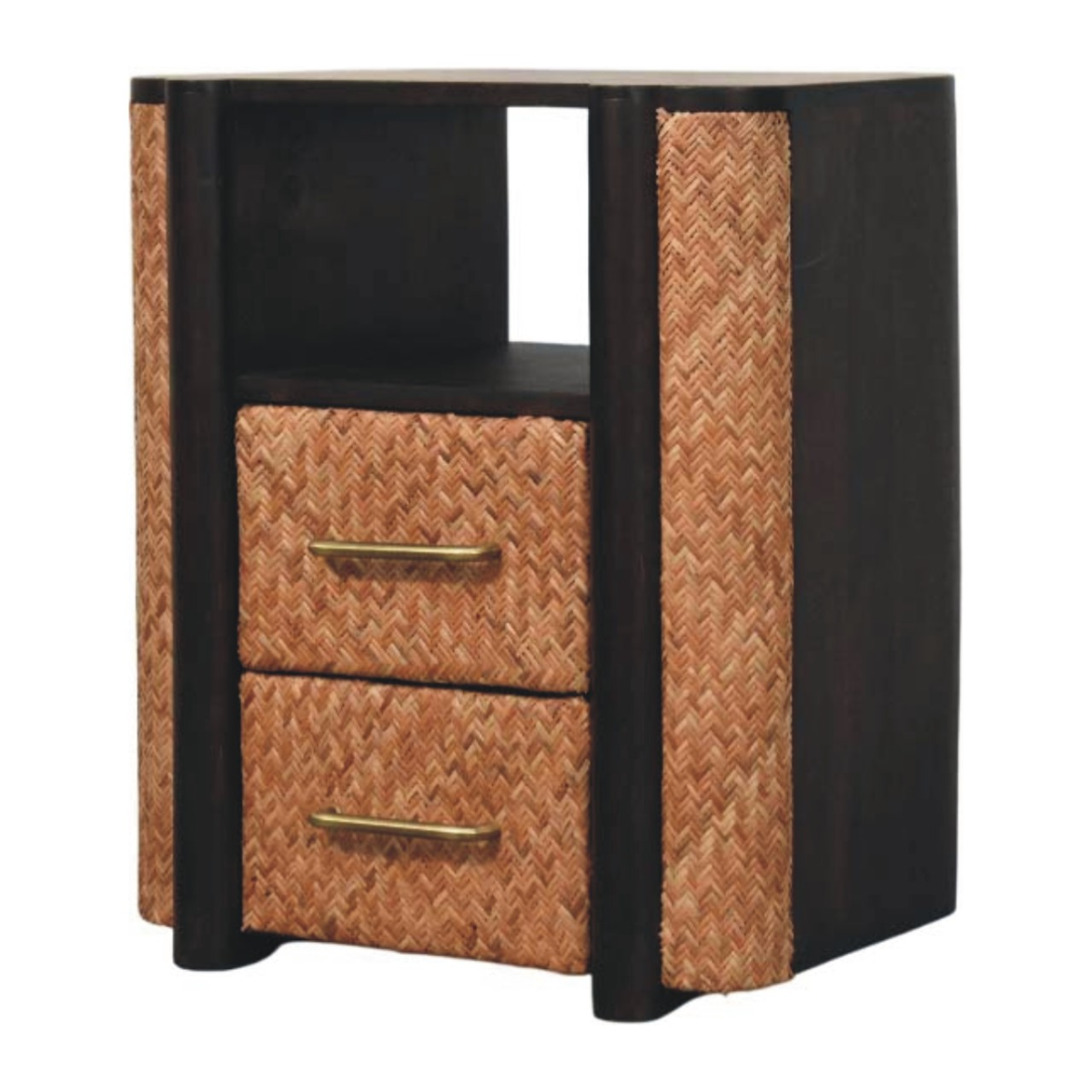 Artisan Furniture Solid Wood Rattan Curve Edge Nightstand, 2 Drawers, 1 Shelf, Brown