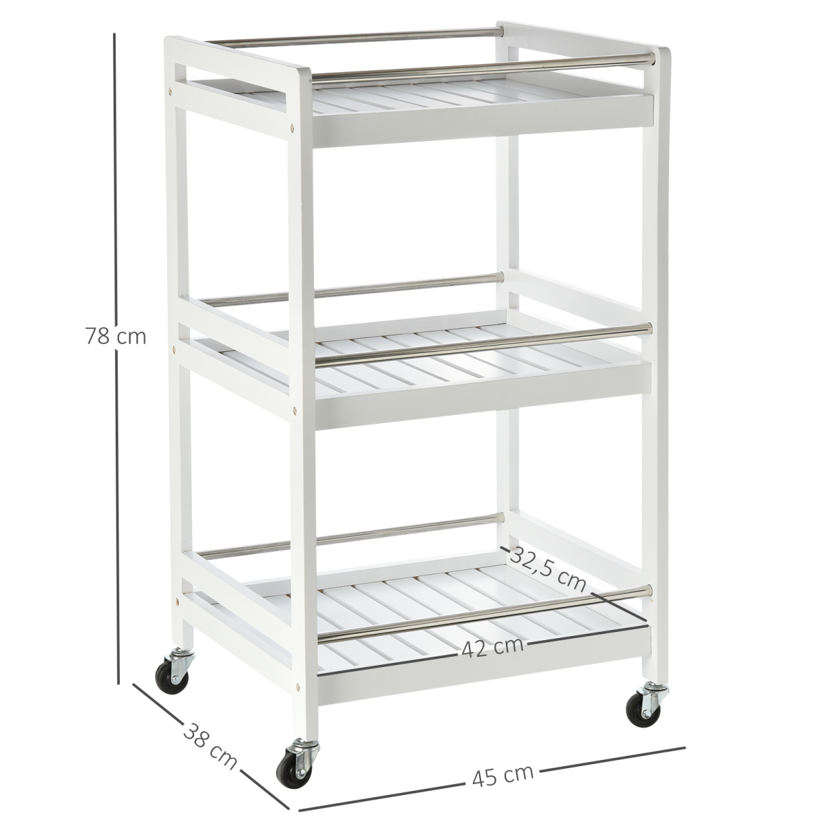 Pine Wood 3-Tier Kitchen Trolley White