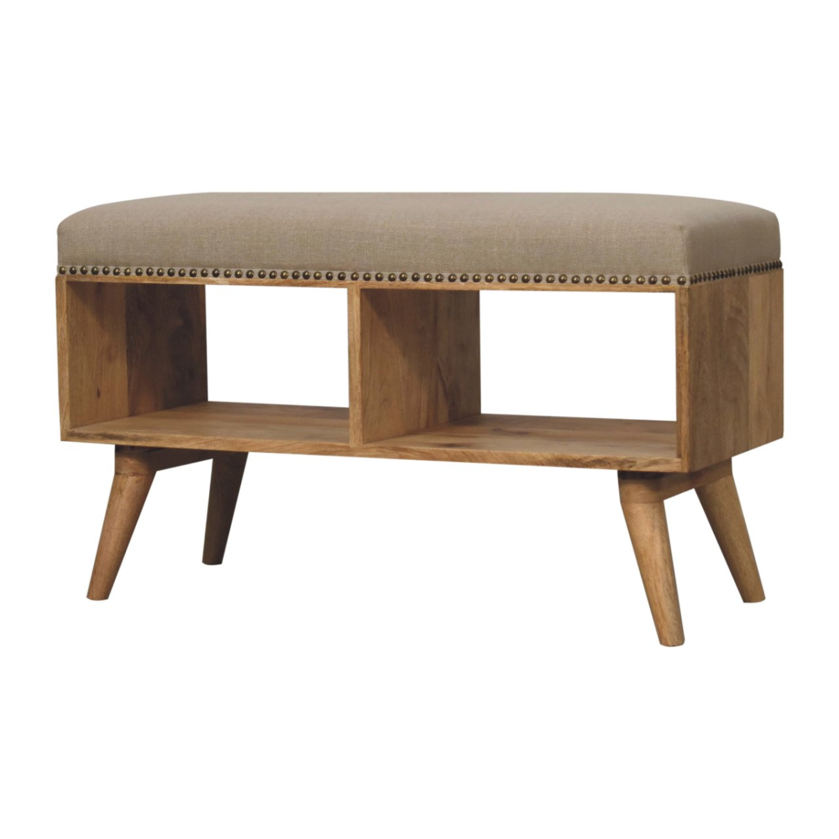 Artisan Furniture Solid Wood Studded Linen Open Bench, Upholstered, 2 Open Slots, Beige