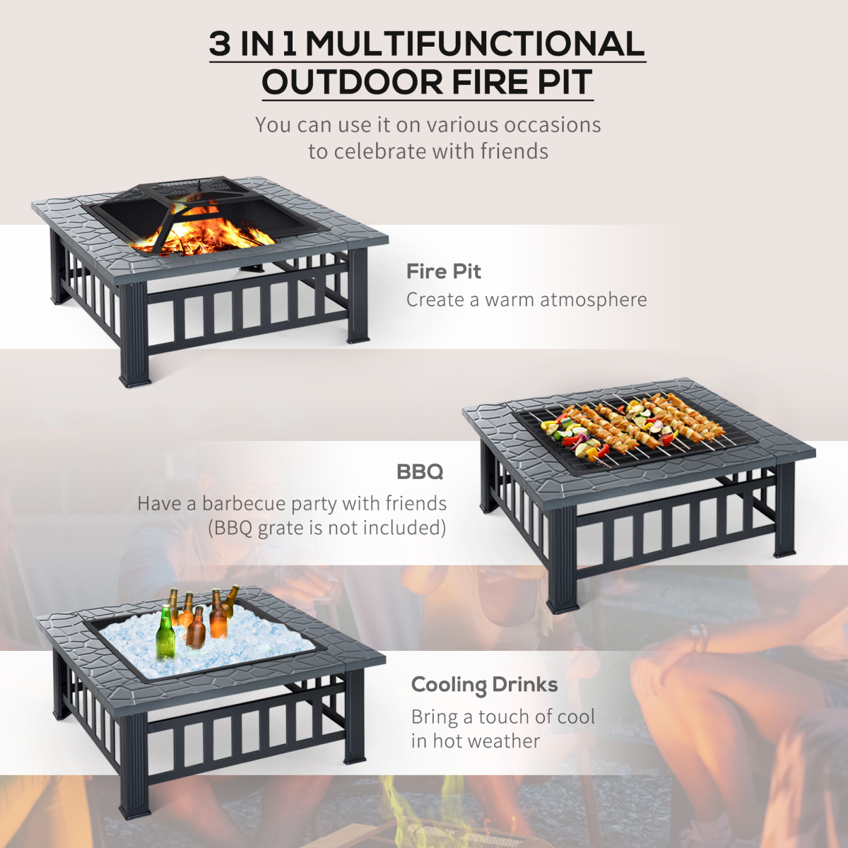 Outsunny Fire Pit, Square Shape, W/Waterproof Cover-Black/Grey